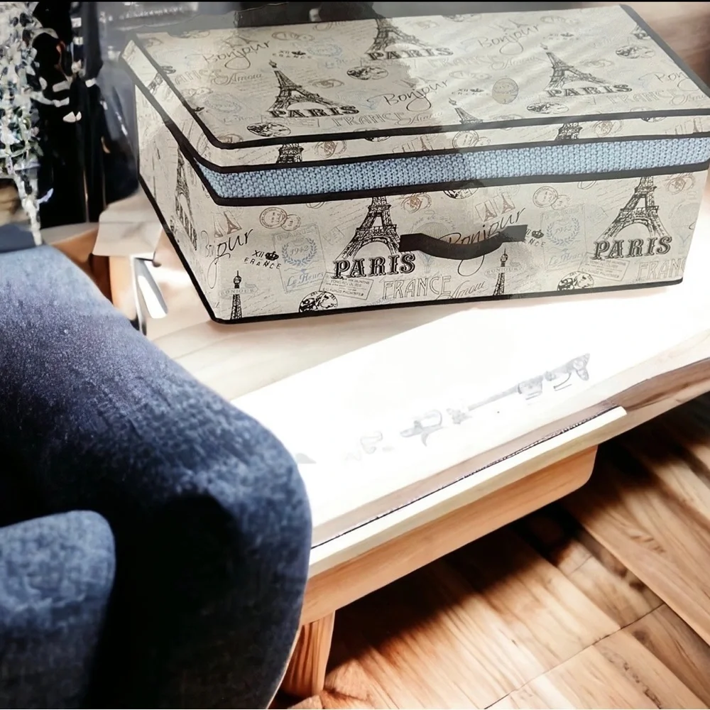 Paris Eiffel Tower French Canvas Storage Box with Flip Up Lid